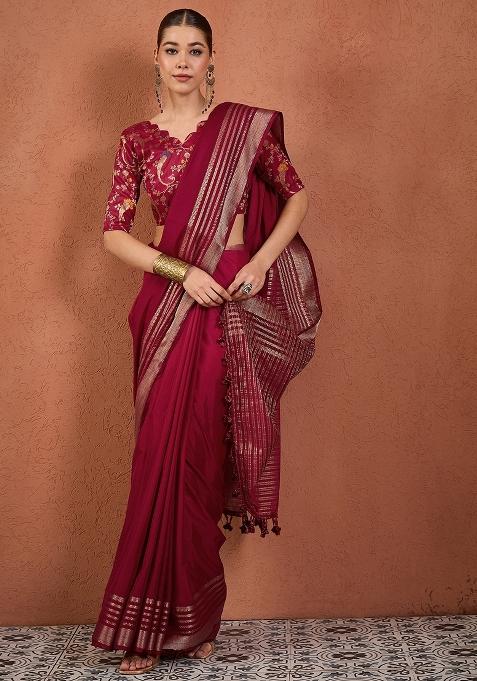Maroon Woven Design Silk Saree Set — view on Indya