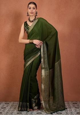 Green Woven Design Silk Blend Saree Set