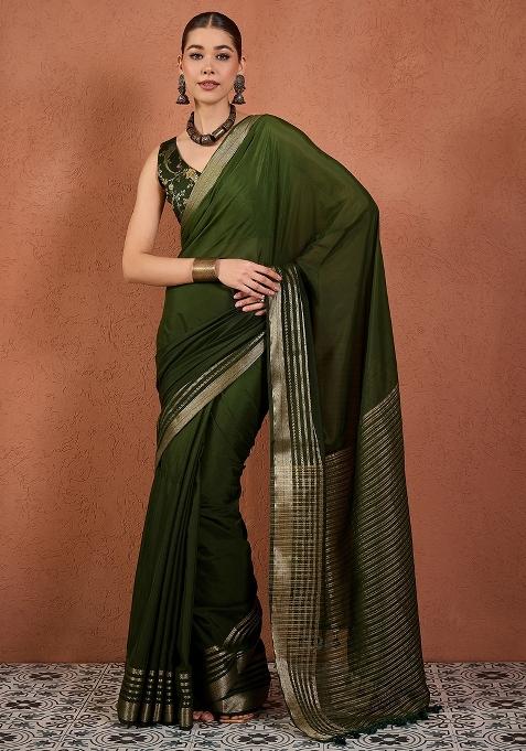 Green Woven Design Silk Saree Set — view on Indya