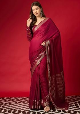 Magenta Woven Design Silk Blend Saree Set