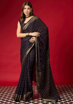 Navy Blue Woven Design Silk Blend Saree Set