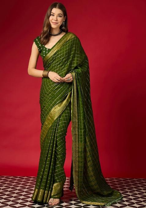 Green Woven Design Silk Saree Set — view on Indya