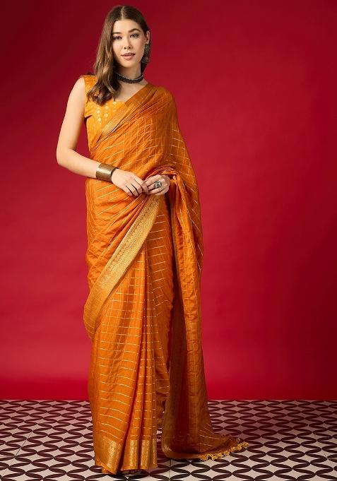 Orange Woven Design Silk Saree Set — view on Indya