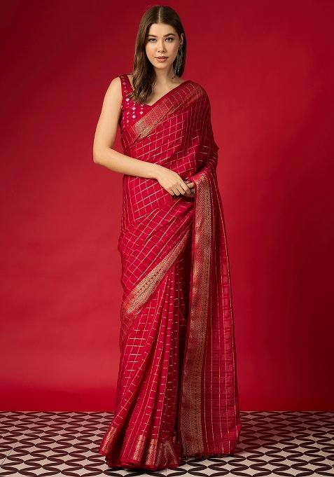 Pink Woven Design Silk Blend Saree Set