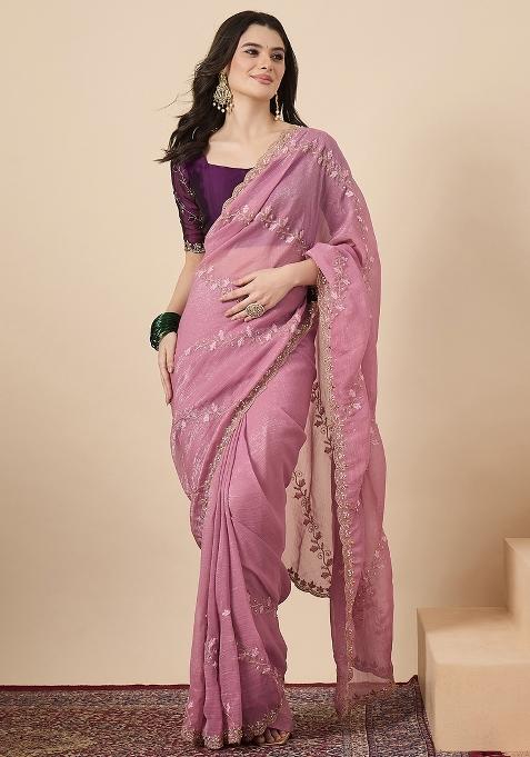 Pink Printed Chiffon Saree Set
