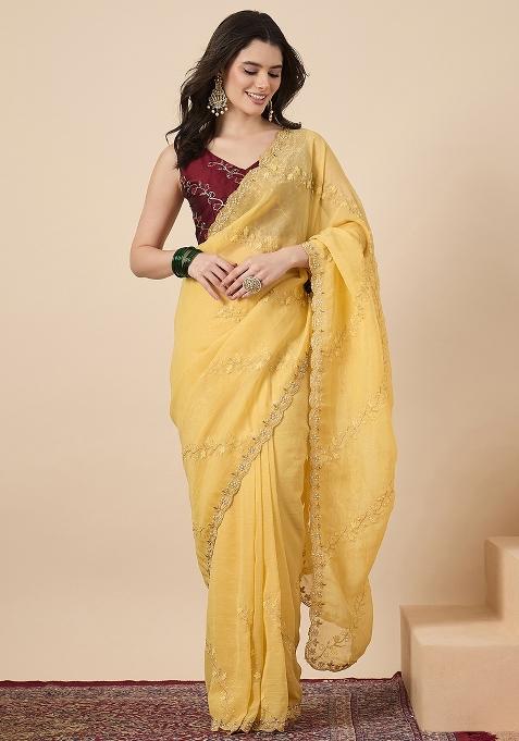 Yellow Embellished Chiffon Saree Set