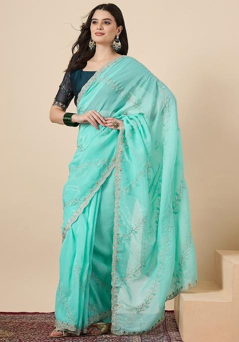 Light Blue Embellished Chiffon Saree Set