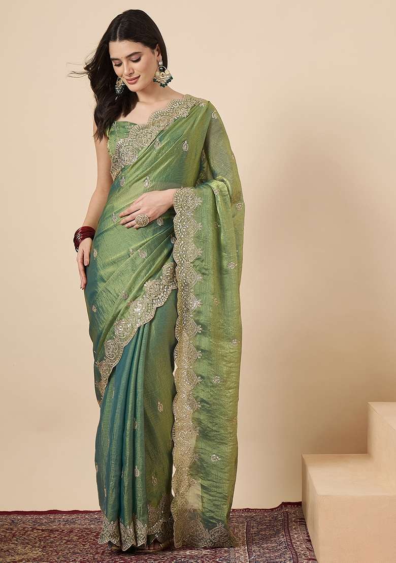 Olive Embellished Chiffon Saree Set for Diwali and Festive Wear - Indya