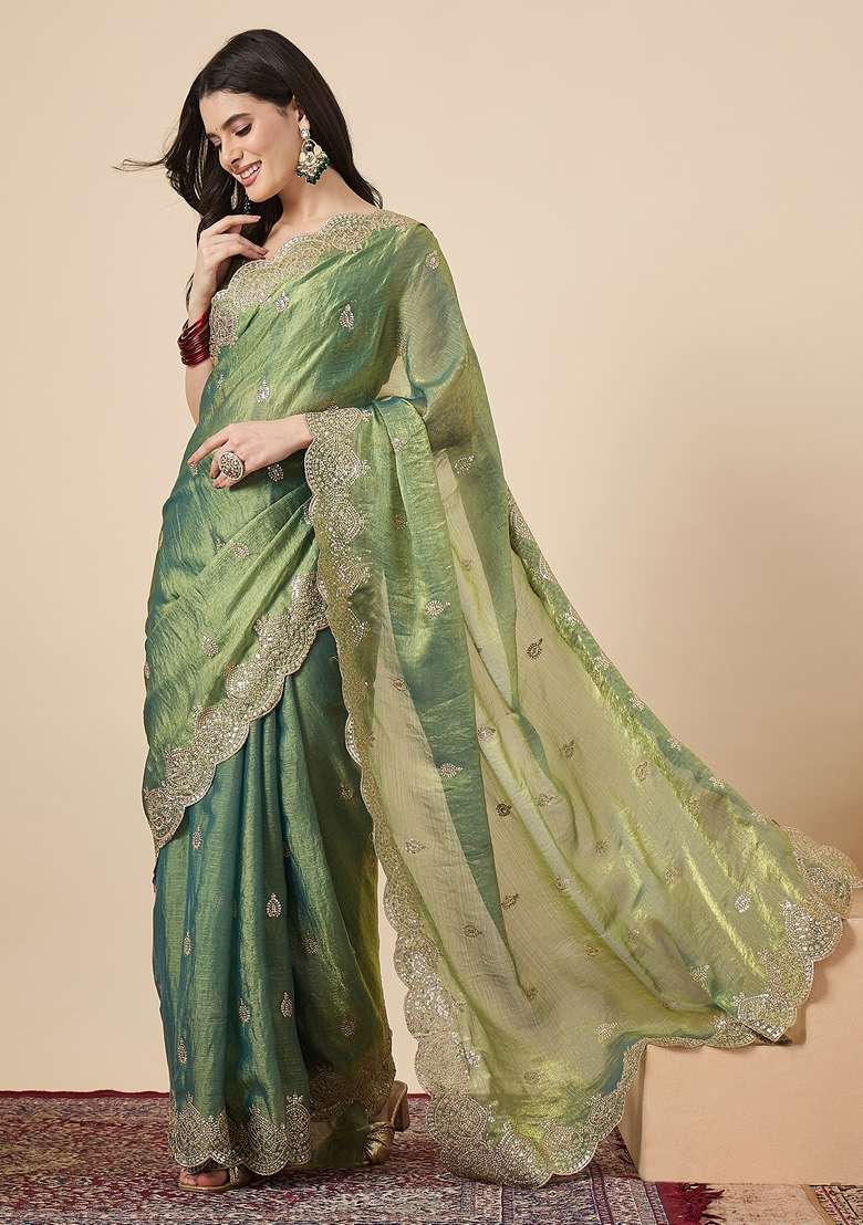Olive Embellished Chiffon Saree Set for Diwali and Festive Wear - Indya