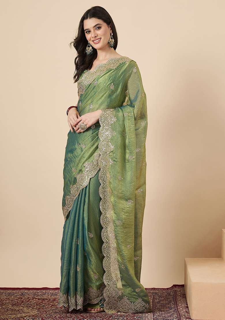 Olive Embellished Chiffon Saree Set for Diwali and Festive Wear - Indya