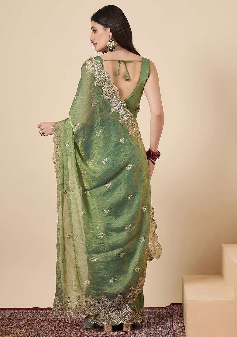 Olive Embellished Chiffon Saree Set for Diwali and Festive Wear - Indya