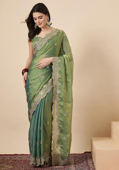 Olive Embellished Chiffon Saree Set