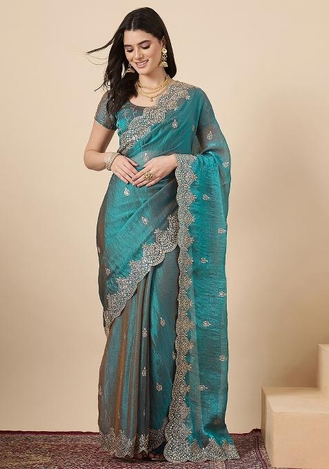 Teal Blue Embellished Chiffon Saree Set