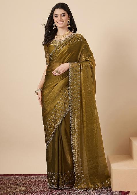 Olive Embellished Silk Saree Set