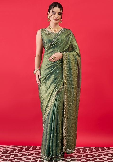 Olive Embellished Silk Blend Saree Set