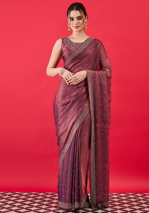 Mauve Embellished Silk Saree Set