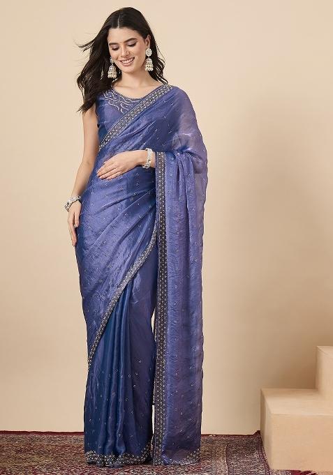 Violet Embellished Silk Saree Set