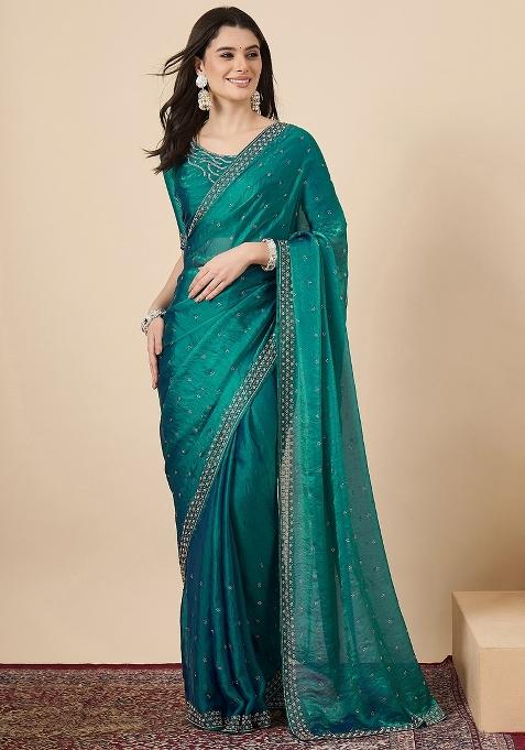 Teal Green Embellished Silk Saree Set
