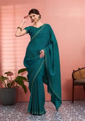 Teal Green Embroidered Tissue Saree Set