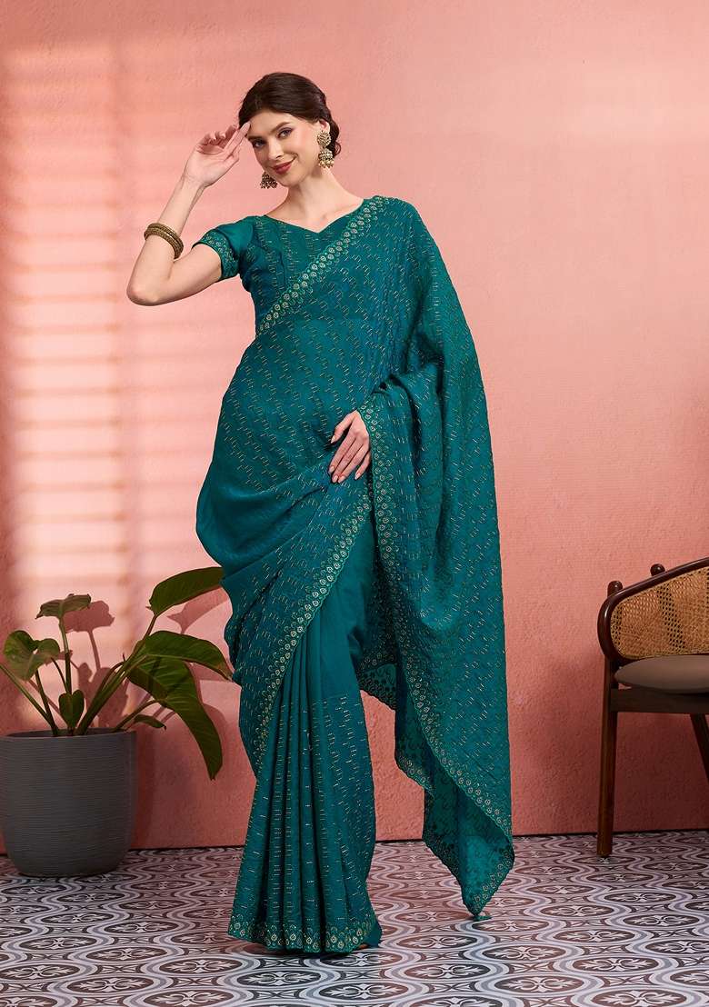 Teal Green Tissue Saree Set with Embroidered for Diwali | Wedding & Festive Wear - Indya