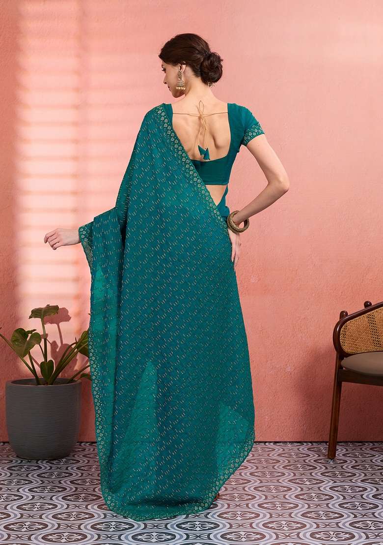 Teal Green Tissue Saree Set with Embroidered for Diwali | Wedding & Festive Wear - Indya