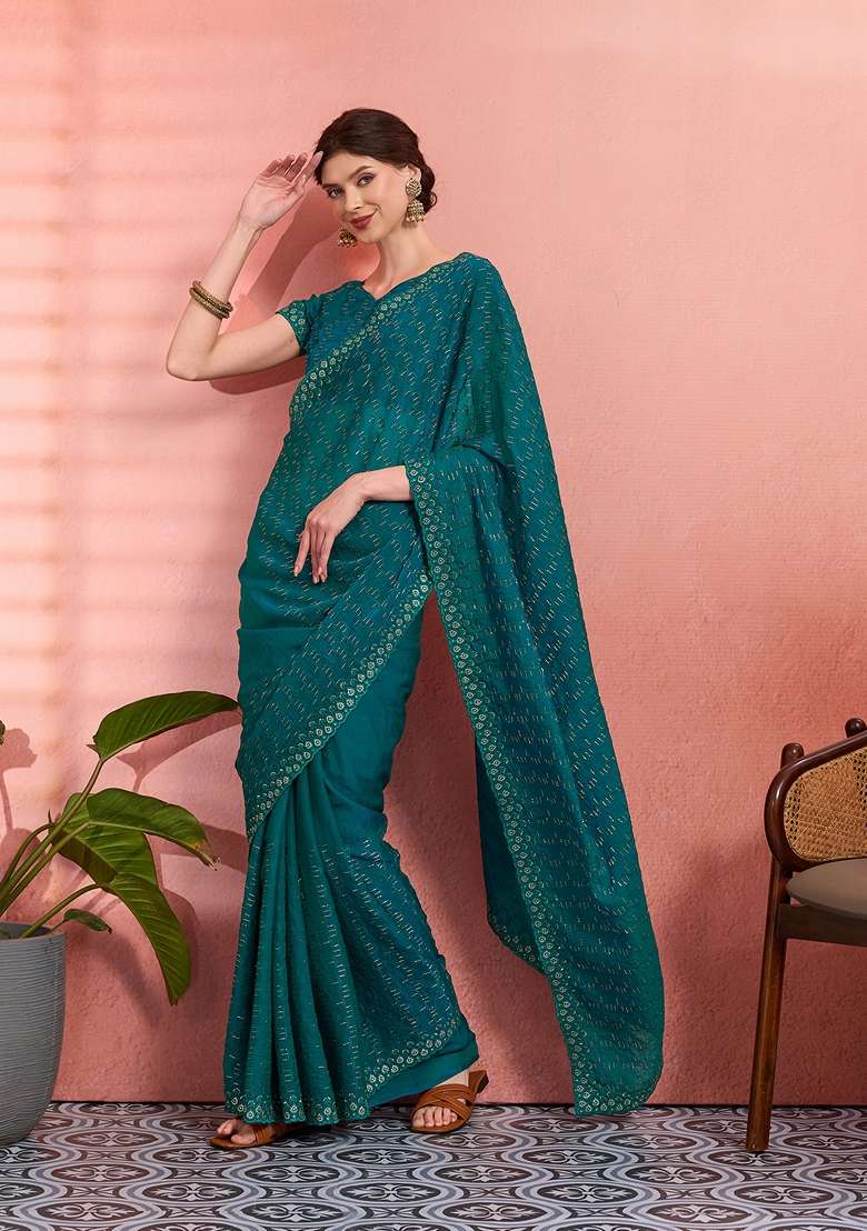 Teal Green Tissue Saree Set with Embroidered for Diwali | Wedding & Festive Wear - Indya
