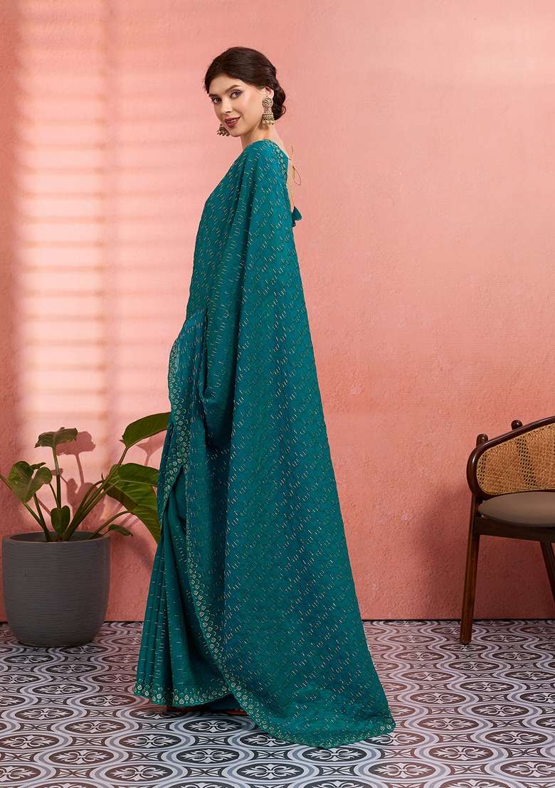 Teal Green Tissue Saree Set with Embroidered for Diwali | Wedding & Festive Wear - Indya
