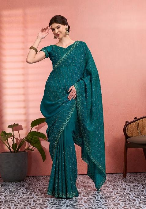 Teal Green Embroidered Tissue Saree Set — view on Indya