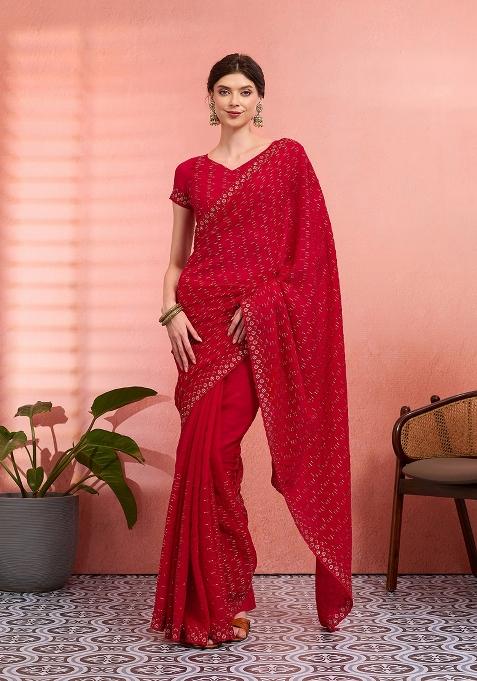 Red Embroidered Tissue Saree Set — view on Indya