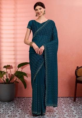 Teal Blue Embroidered Tissue Saree Set