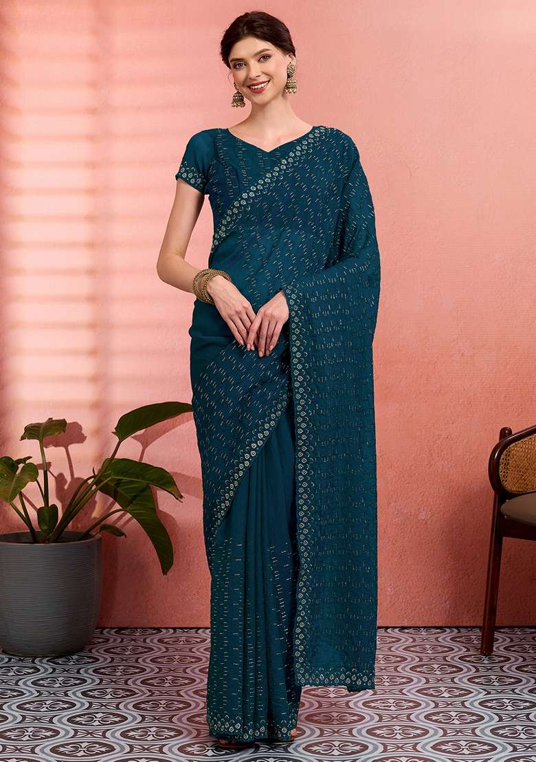 Teal Blue Tissue Saree Set with Embroidered for Diwali | Wedding & Festive Wear - Indya