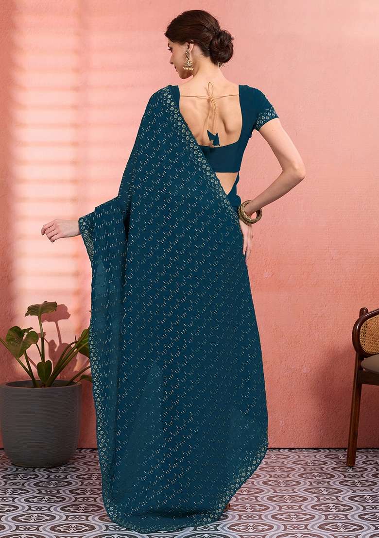 Teal Blue Tissue Saree Set with Embroidered for Diwali | Wedding & Festive Wear - Indya