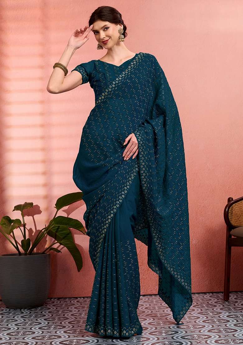 Teal Blue Tissue Saree Set with Embroidered for Diwali | Wedding & Festive Wear - Indya