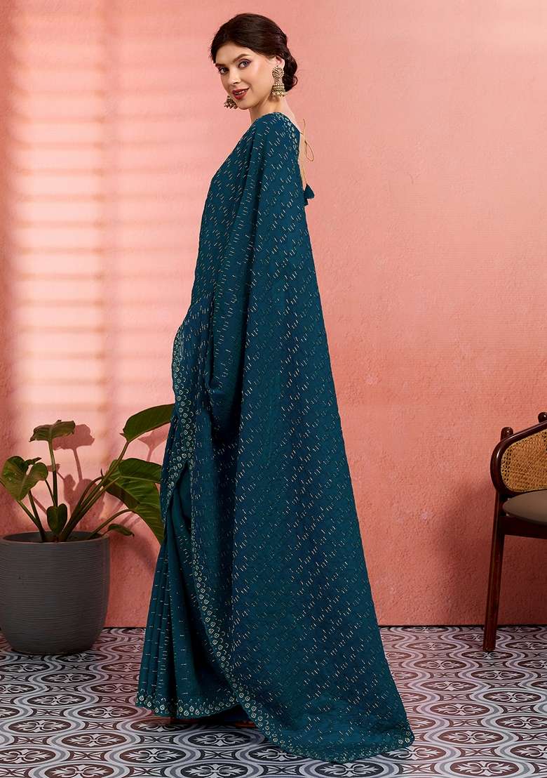 Teal Blue Tissue Saree Set with Embroidered for Diwali | Wedding & Festive Wear - Indya