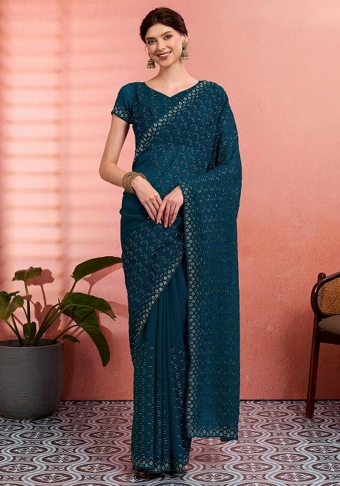 Teal Blue Embroidered Tissue Saree Set — view on Indya