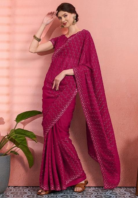 Pink Embroidered Tissue Saree Set