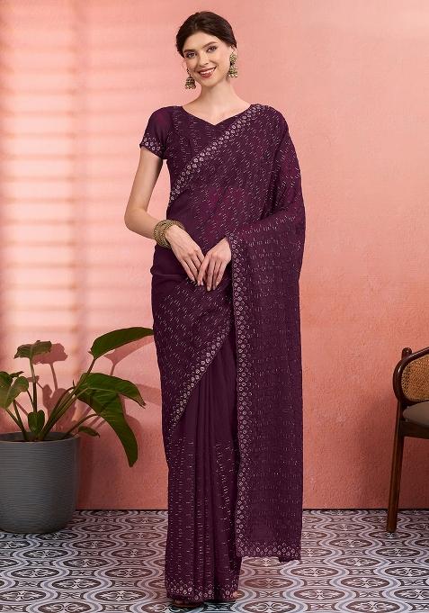 Wine Embroidered Tissue Saree Set — view on Indya
