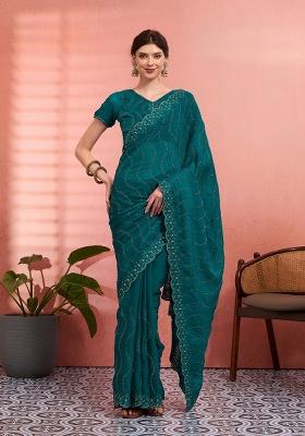 Teal Green Embroidered Tissue Saree Set