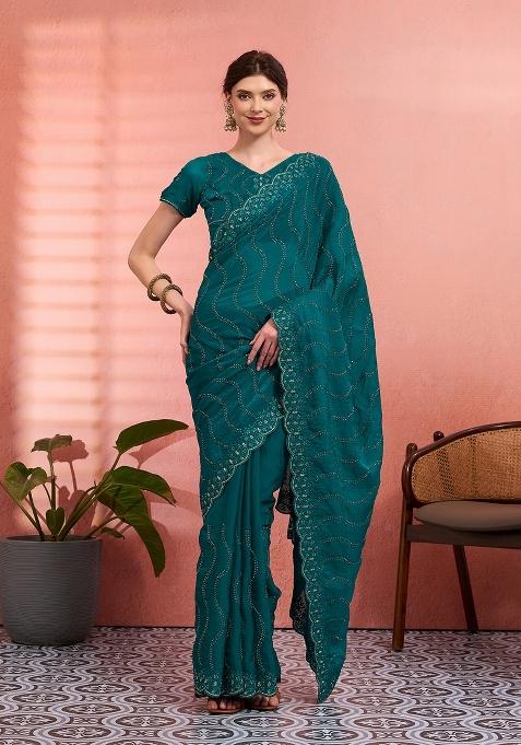 Teal Green Embroidered Tissue Saree Set — view on Indya