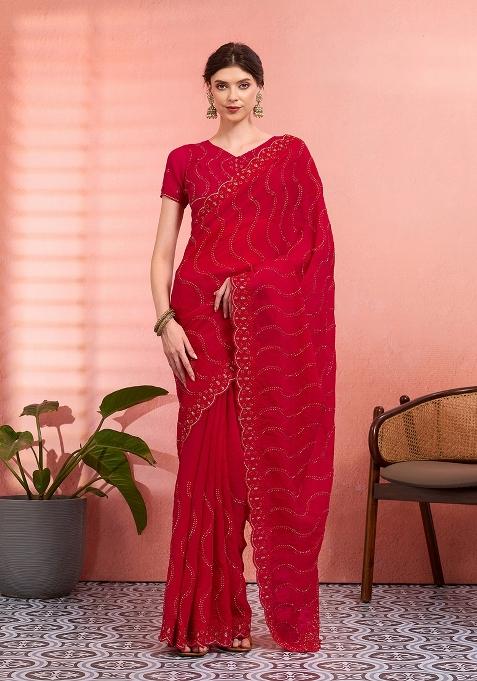 Red Embroidered Tissue Saree Set — view on Indya