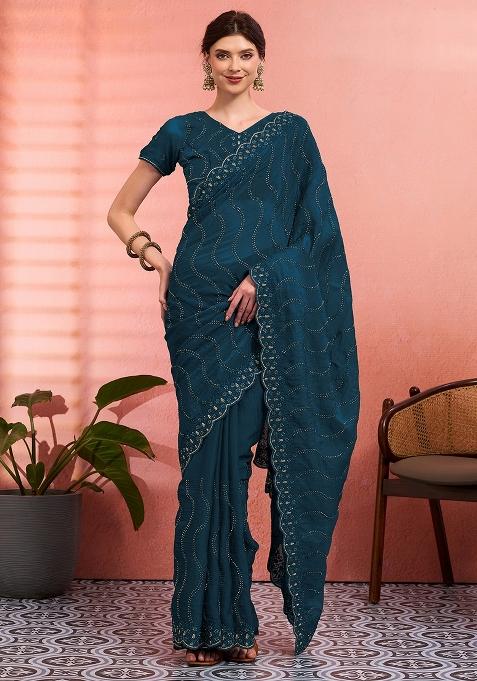 Teal Blue Embroidered Tissue Saree Set — view on Indya