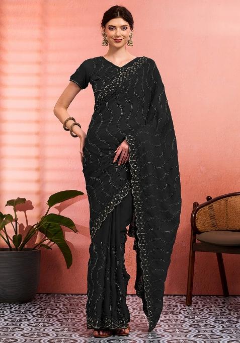 Black Embroidered Tissue Saree Set