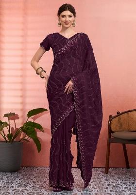 Wine Embroidered Tissue Saree Set