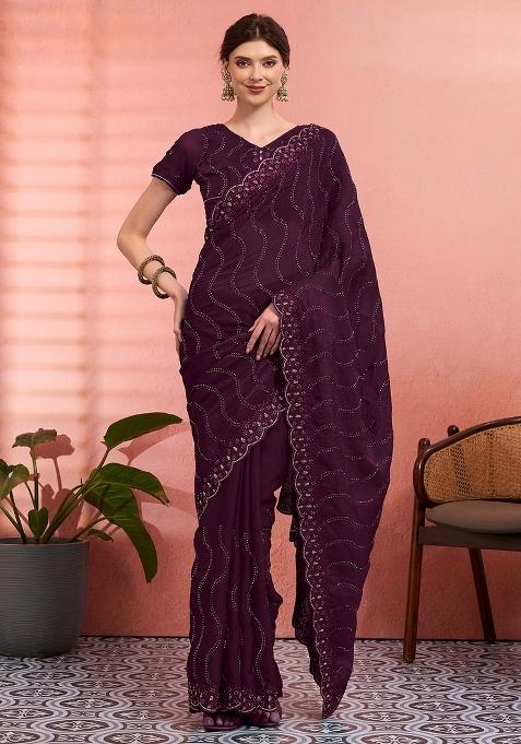 Wine Embroidered Tissue Saree Set
