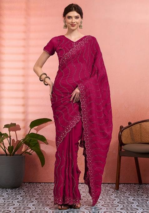 Pink Embroidered Tissue Saree Set — view on Indya