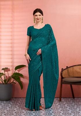 Teal Green Embroidered Tissue Saree Set