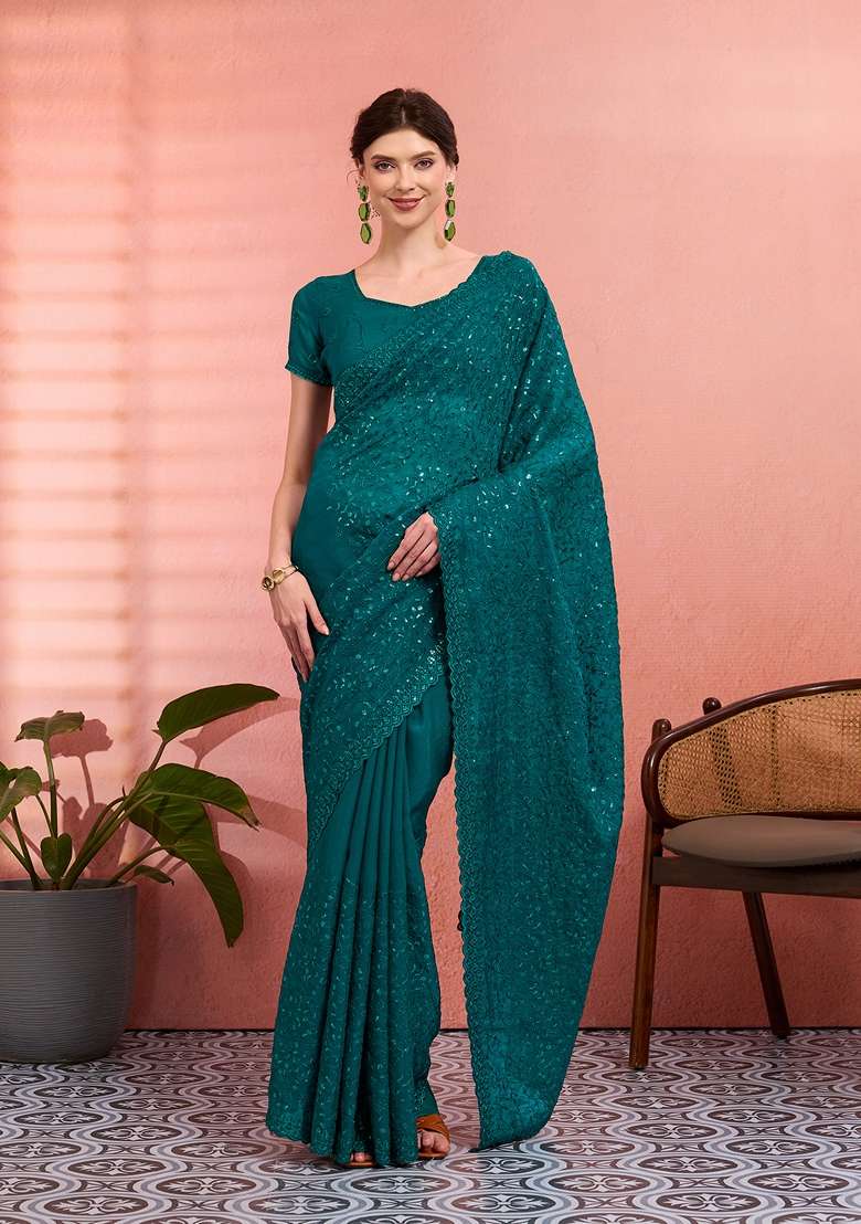 Teal Green Embroidered Tissue Saree Set for Diwali and Festive Wear - Indya