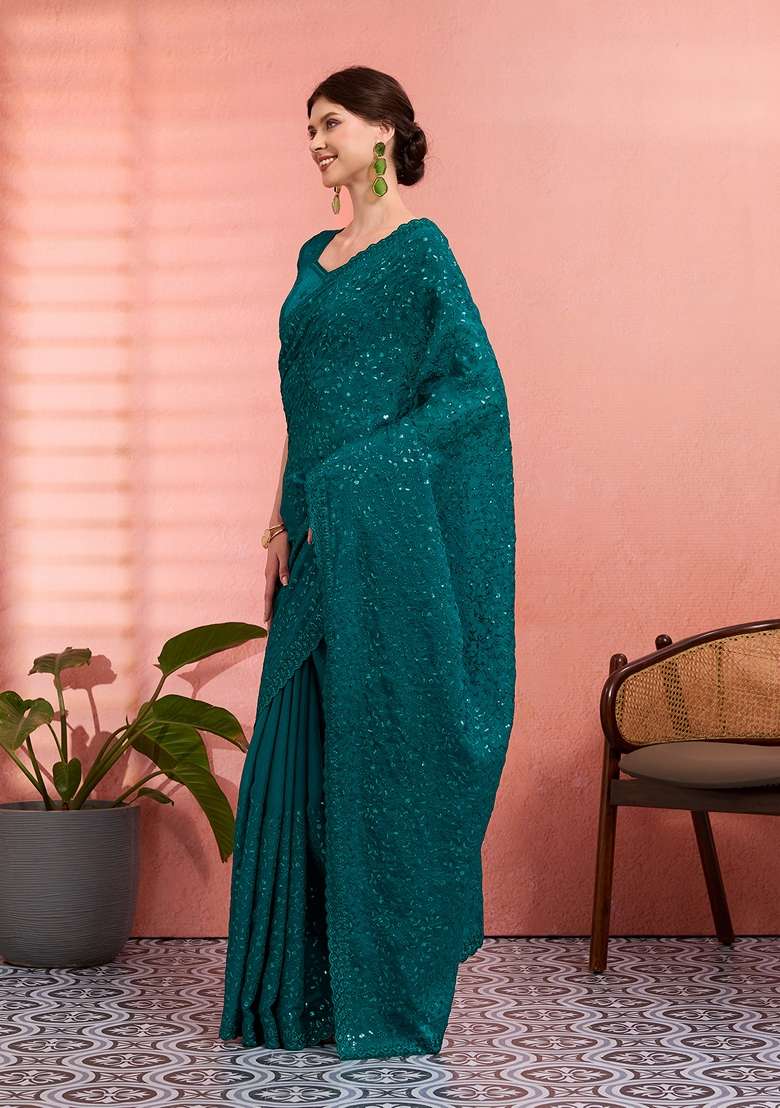 Teal Green Embroidered Tissue Saree Set for Diwali and Festive Wear - Indya