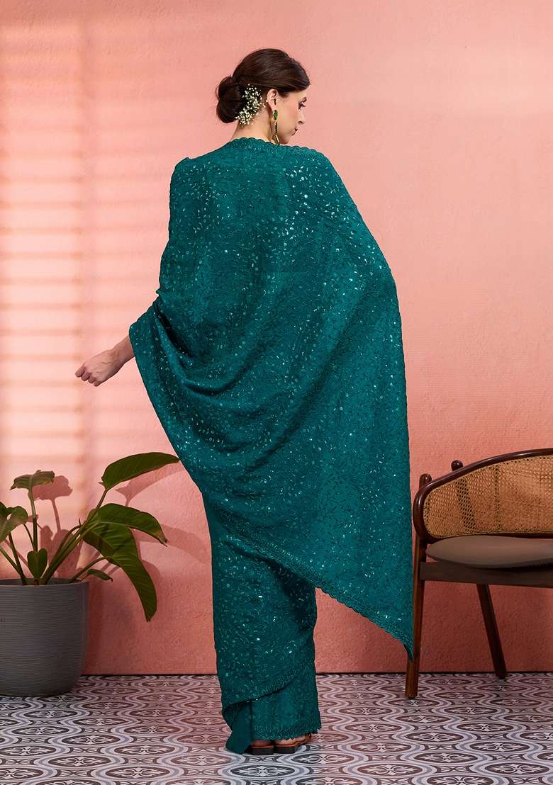 Teal Green Embroidered Tissue Saree Set for Diwali and Festive Wear - Indya