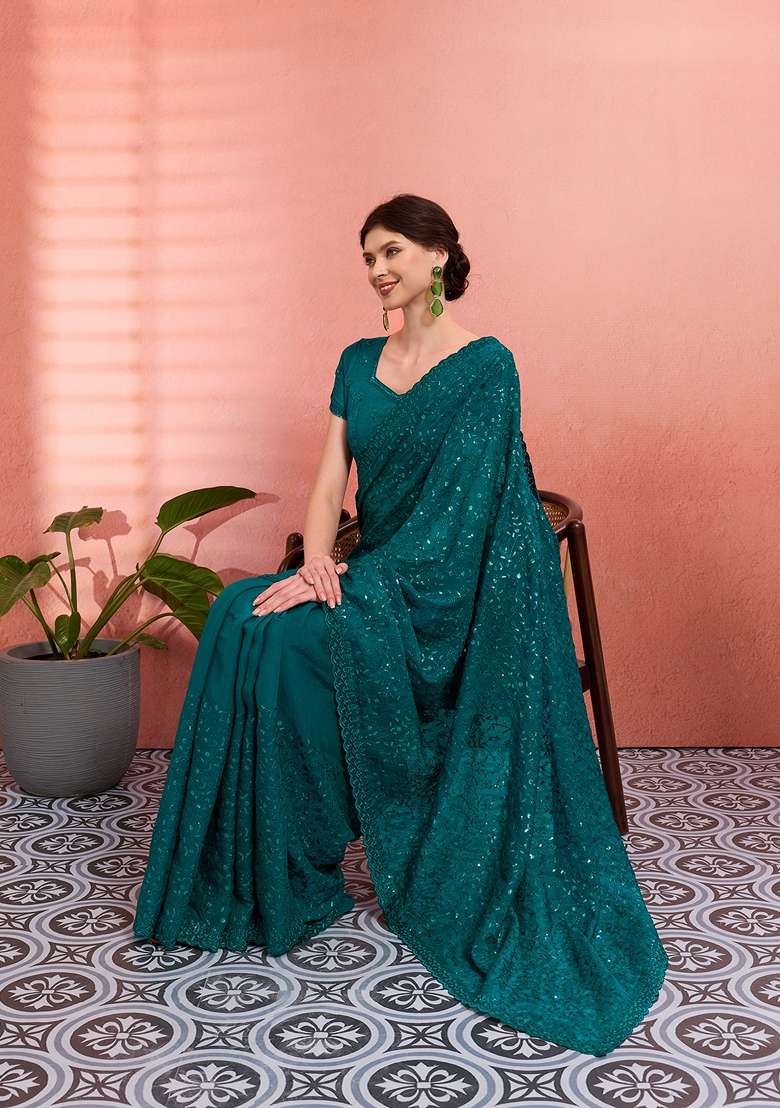 Teal Green Embroidered Tissue Saree Set for Diwali and Festive Wear - Indya